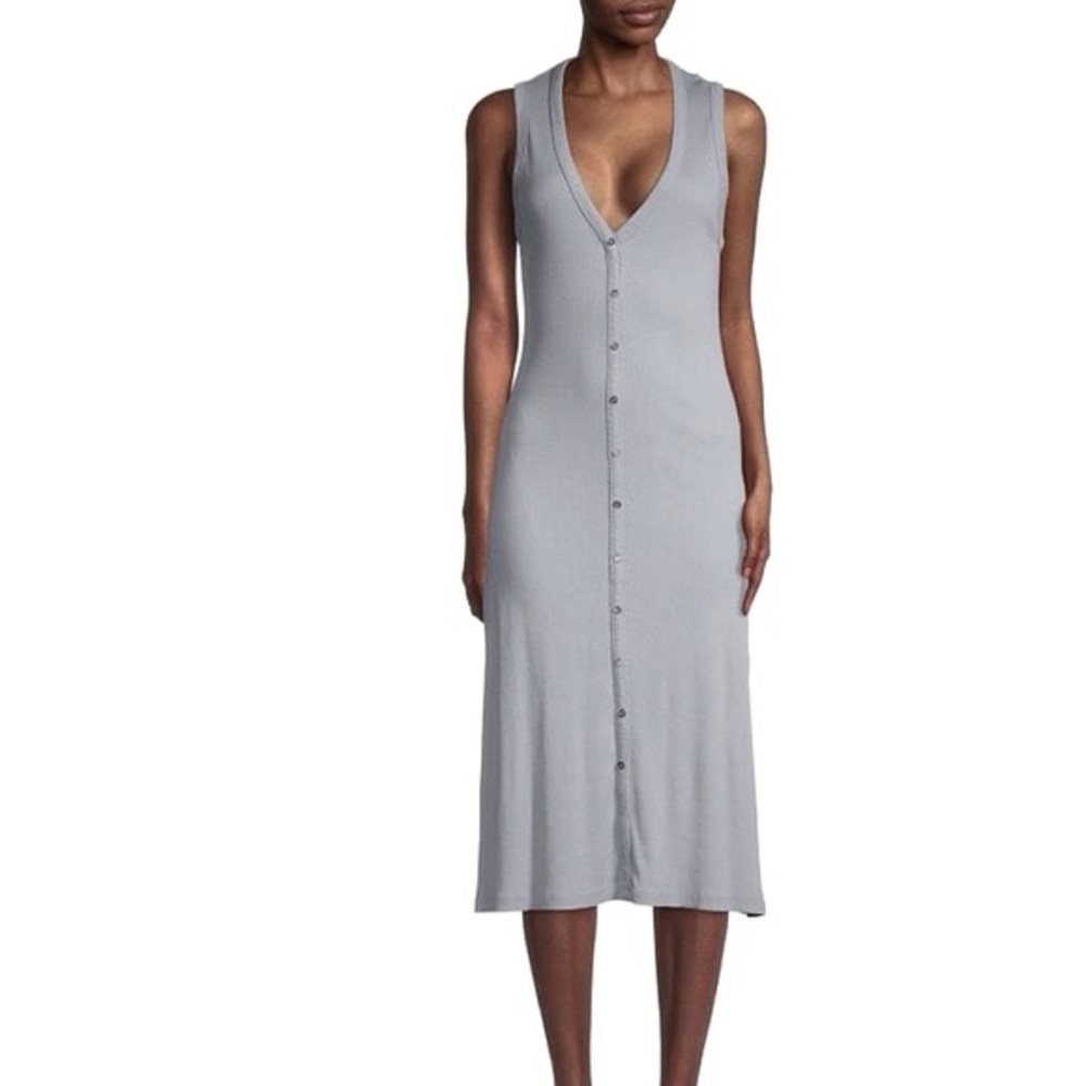 New JAMES PERSE Ribbed Midi A-Line Dress in a blue/gray color with buttons